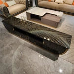 Modern Luxury Black Wood TV Stand with Curved Silhouette, Geometric Veneer Top and Brushed Gold Metal Accents